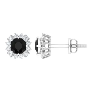 1 CT Classic Black Spinel and Diamond Halo Stud Earrings