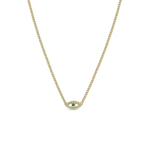 14k Emerald & Diamond Evil Eye Curb Chain Necklace