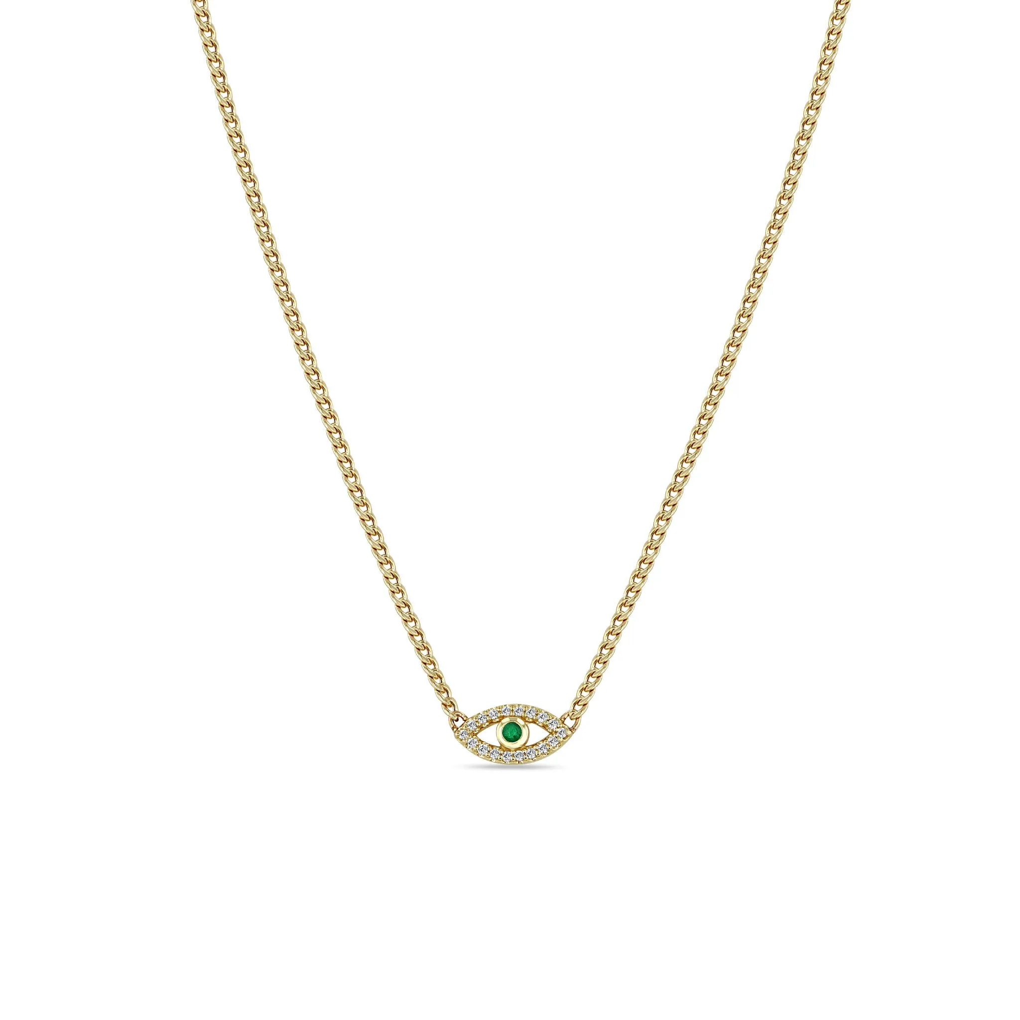 14k Emerald & Diamond Evil Eye Curb Chain Necklace