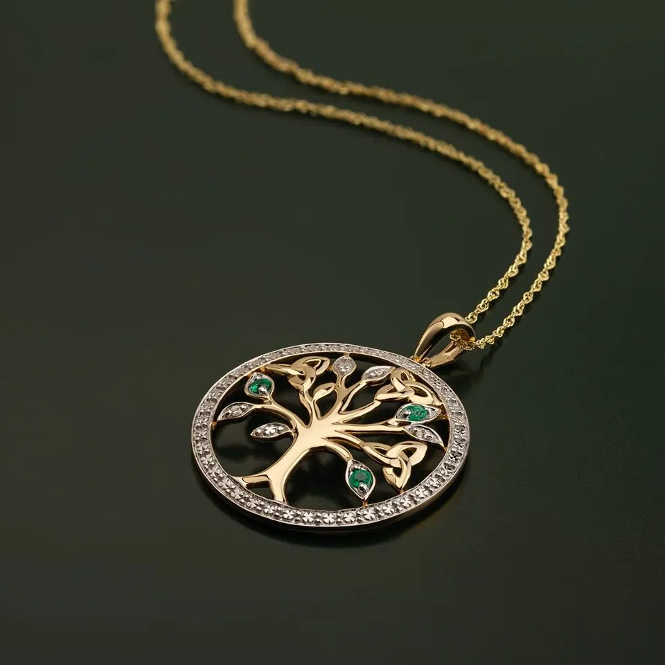 14K Gold Diamond & Emerald Tree Of Life Pendant