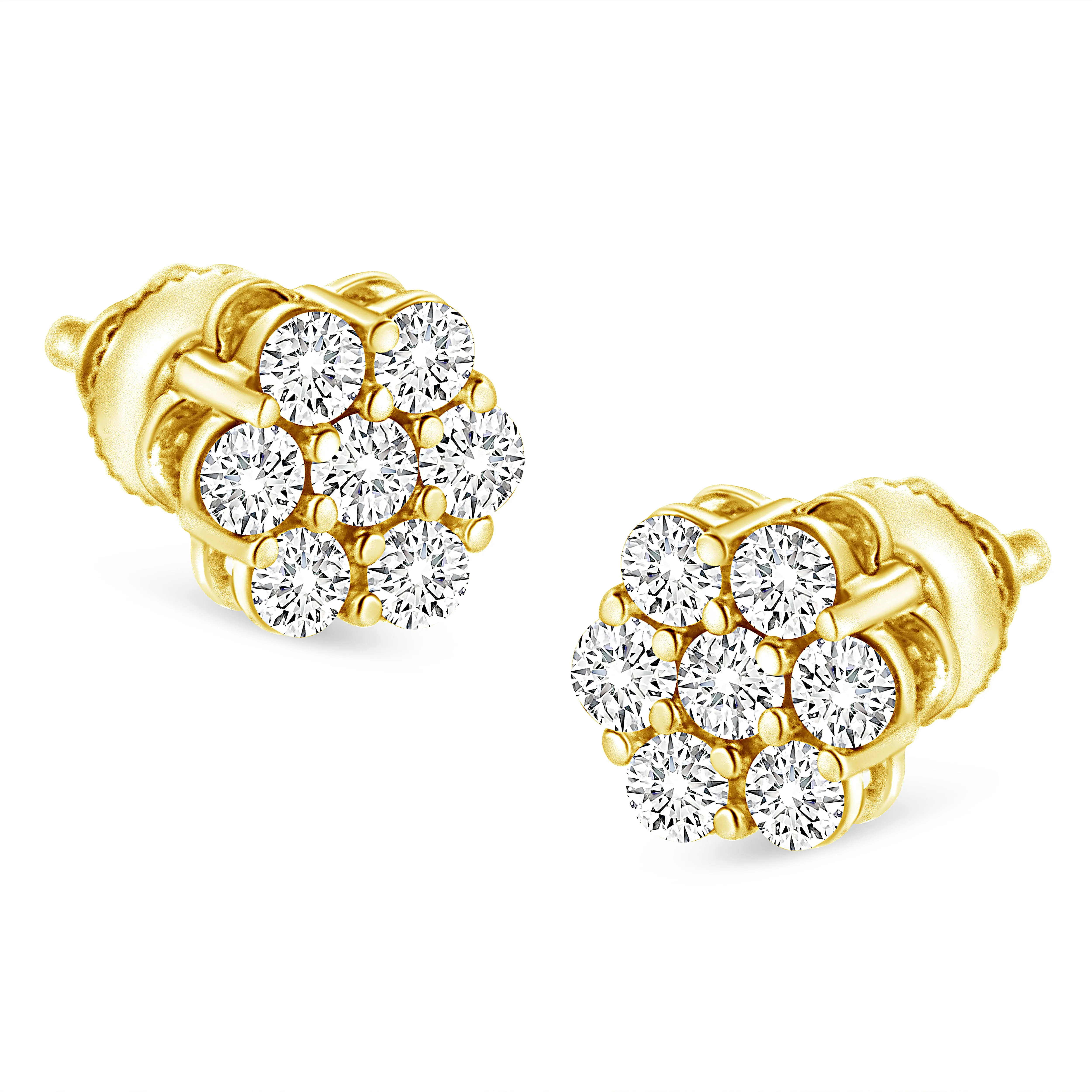 14K Yellow Gold 1/2 Cttw Round Brilliant Cut Diamond Floral Cluster Screwback Stud Earrings