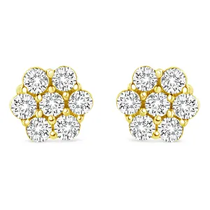 14K Yellow Gold 1/2 Cttw Round Brilliant Cut Diamond Floral Cluster Screwback Stud Earrings