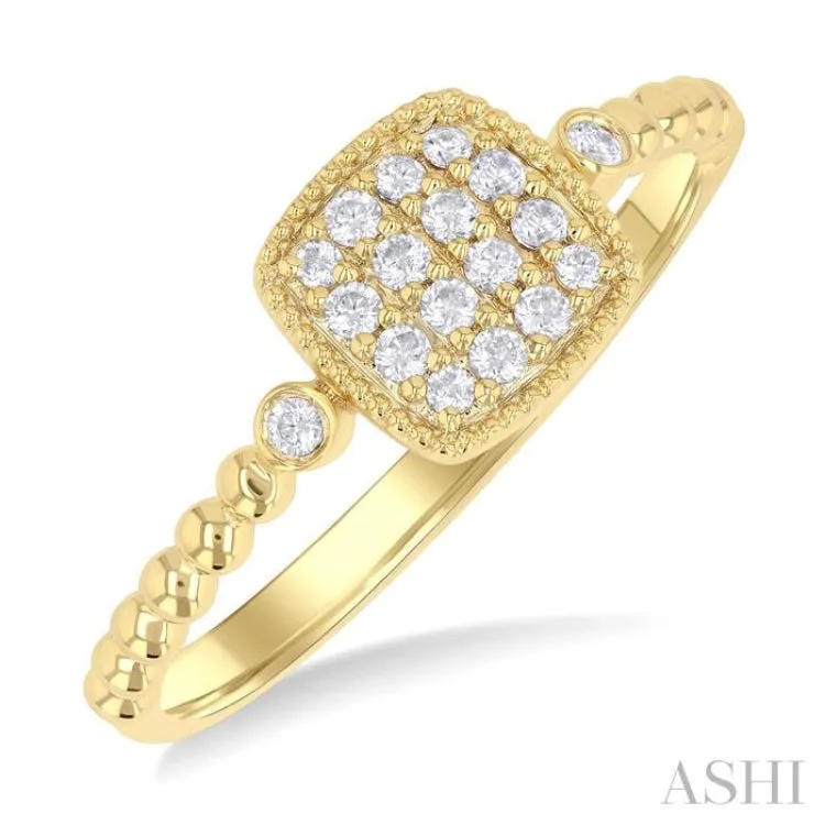 1/8 Ctw Petite Bead Shank Cushion Shape Center Round Cut Diamond Fashion Ring in 10K Yellow Gold