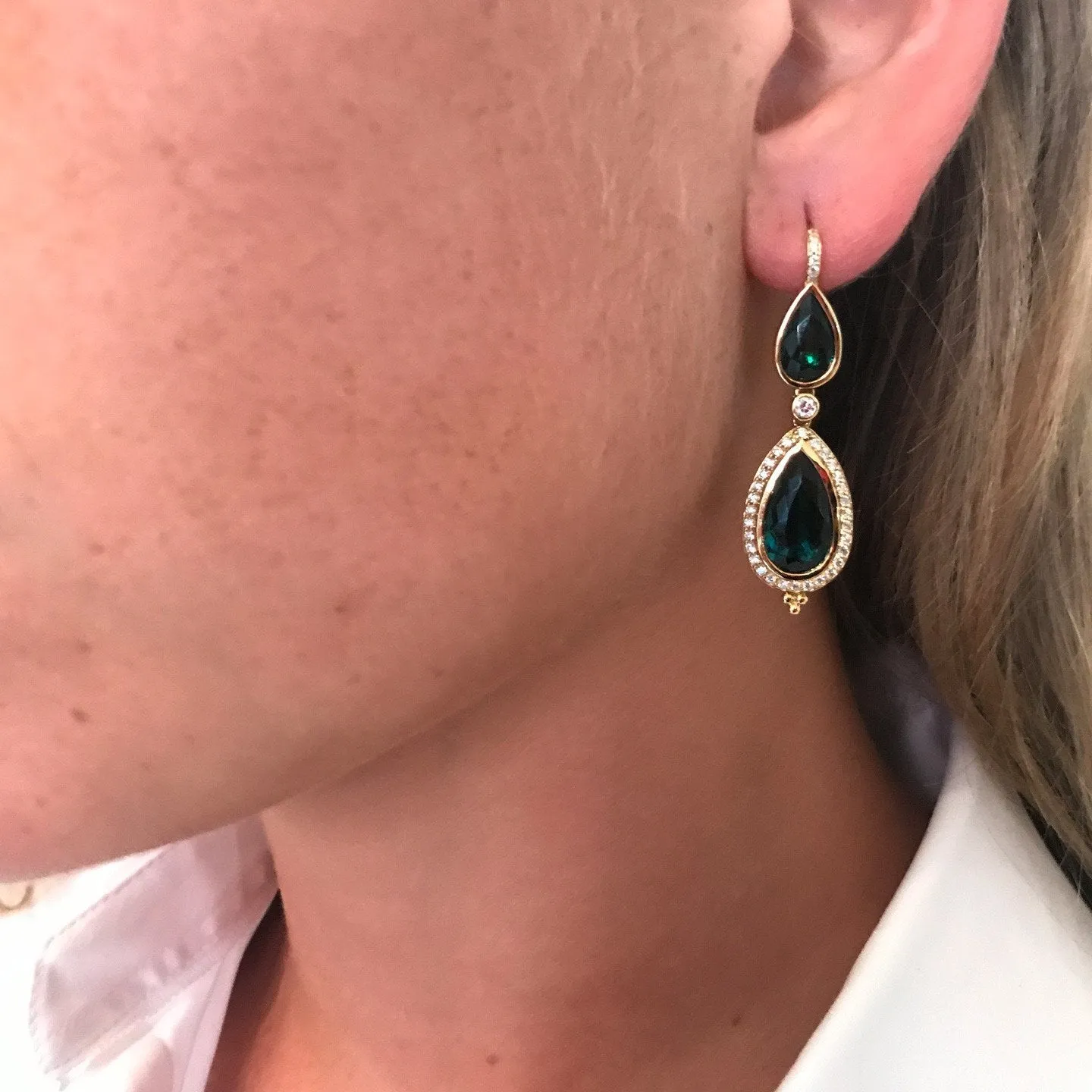 18K Double Drop Earrings with blue green tourmaline and diamond pavé