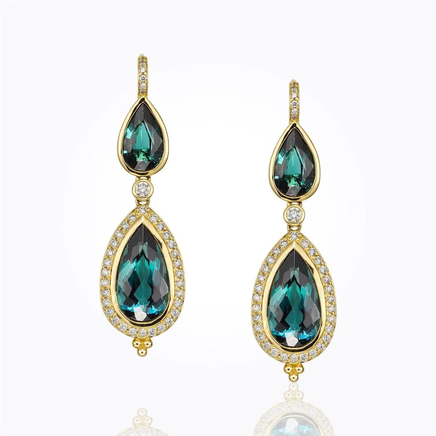 18K Double Drop Earrings with blue green tourmaline and diamond pavé