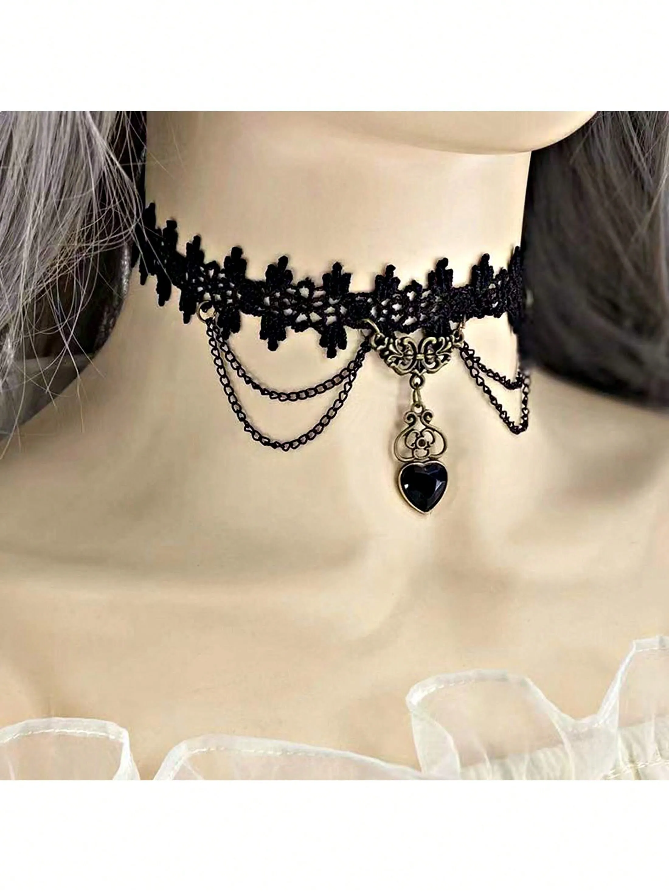 1pc Black Lace Neck Chain Jewelry With Black Heart Pendant Sexy Lace Necklace