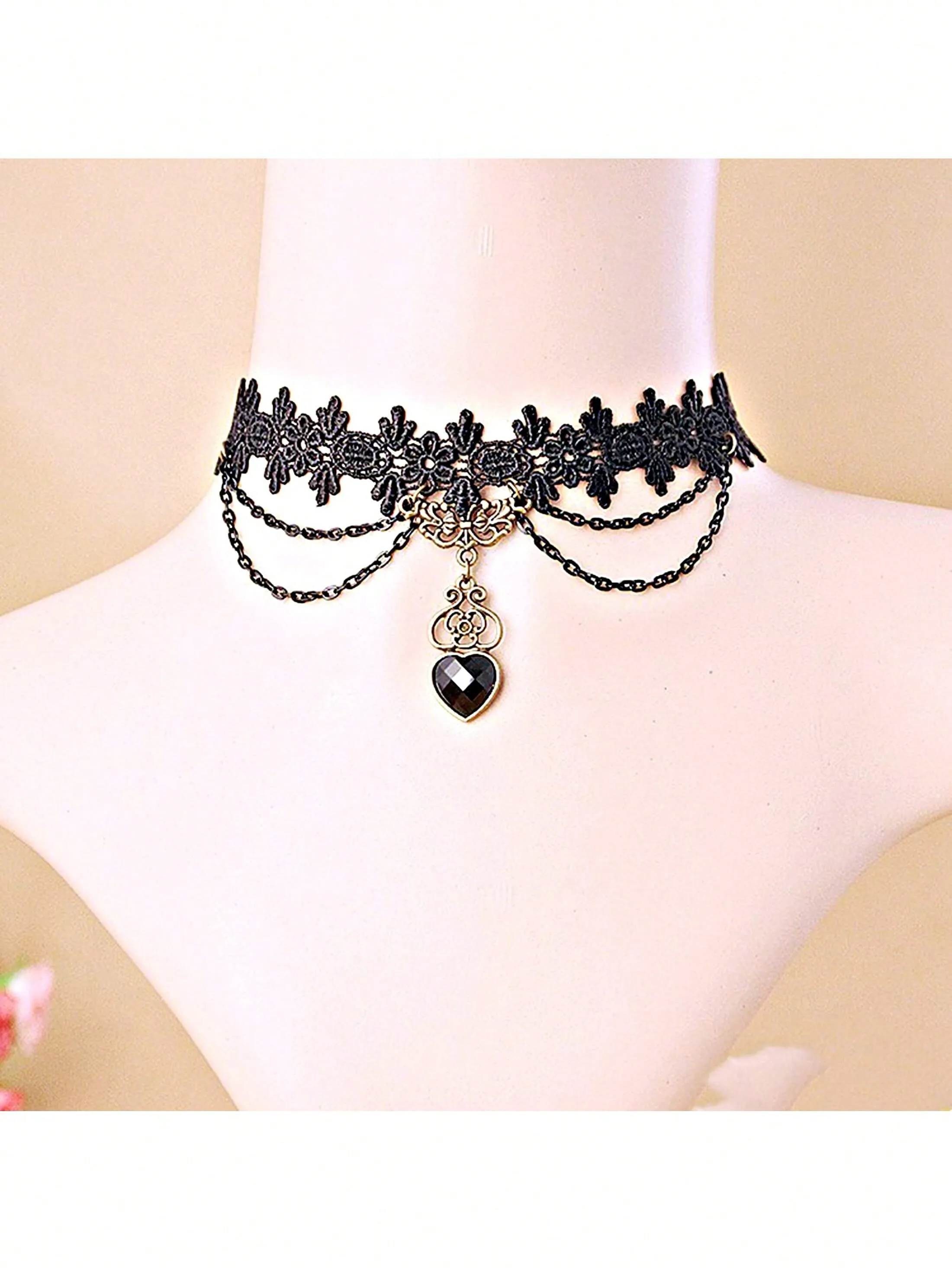 1pc Black Lace Neck Chain Jewelry With Black Heart Pendant Sexy Lace Necklace