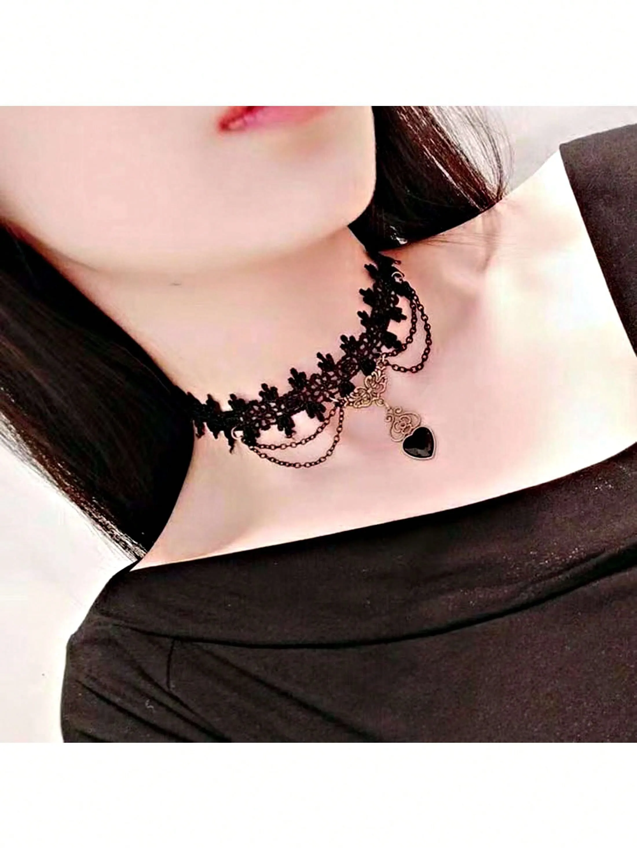 1pc Black Lace Neck Chain Jewelry With Black Heart Pendant Sexy Lace Necklace