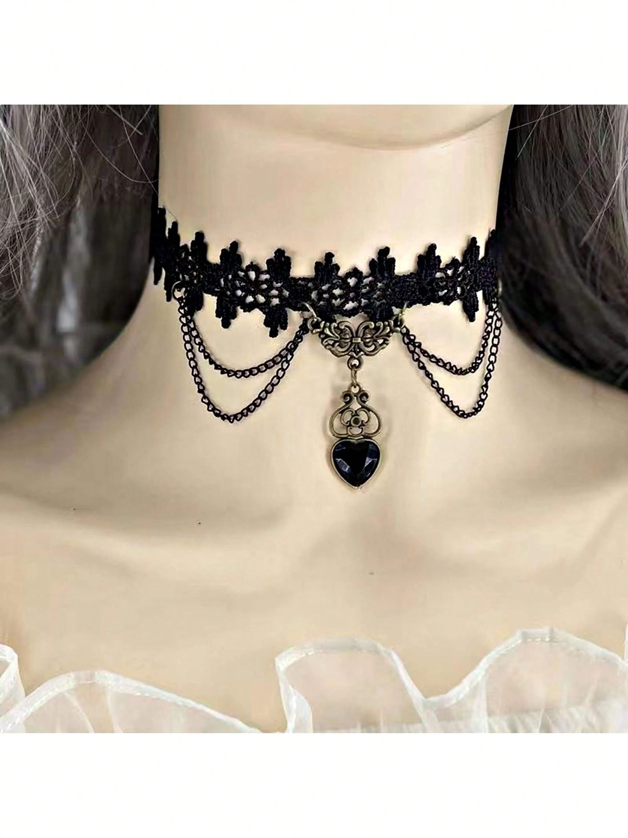 1pc Black Lace Neck Chain Jewelry With Black Heart Pendant Sexy Lace Necklace