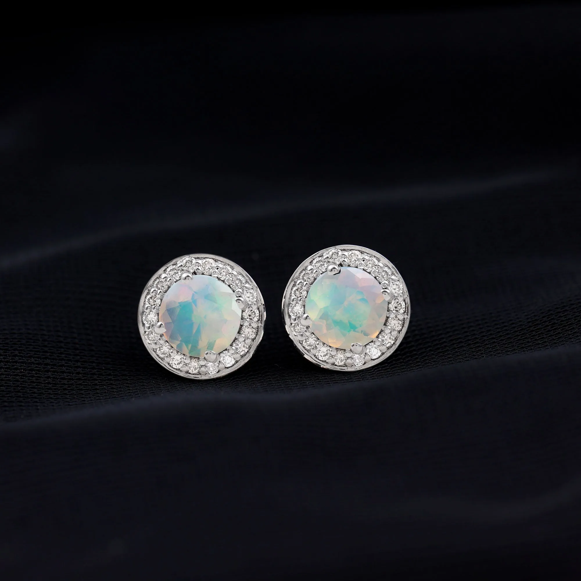 2.25 CT Classic Ethiopian Opal and Diamond Halo Stud Earrings