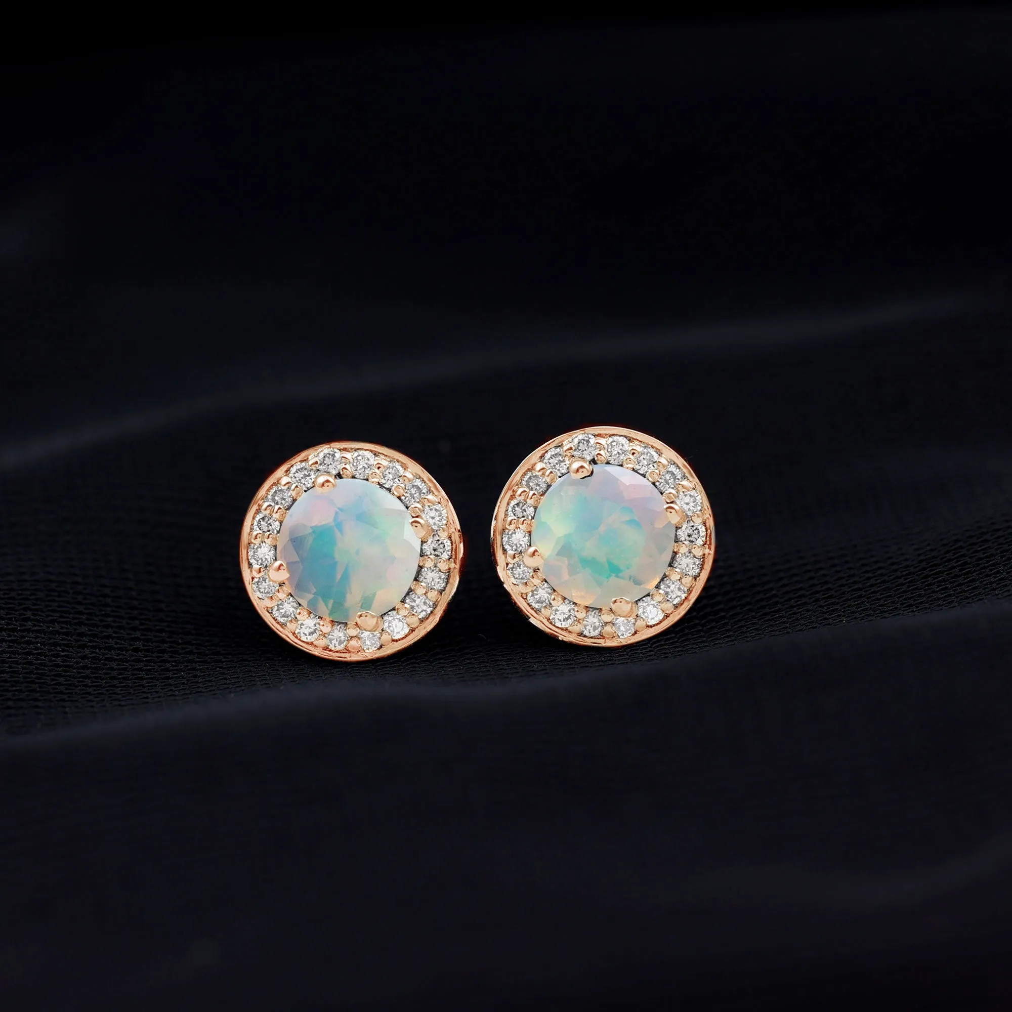 2.25 CT Classic Ethiopian Opal and Diamond Halo Stud Earrings