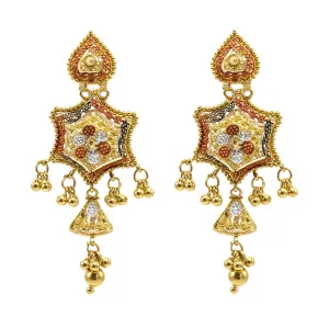 22K Multi Tone Gold Earrings W/ Meenakari Details & Beaded Filigree on Drop Web Pendants