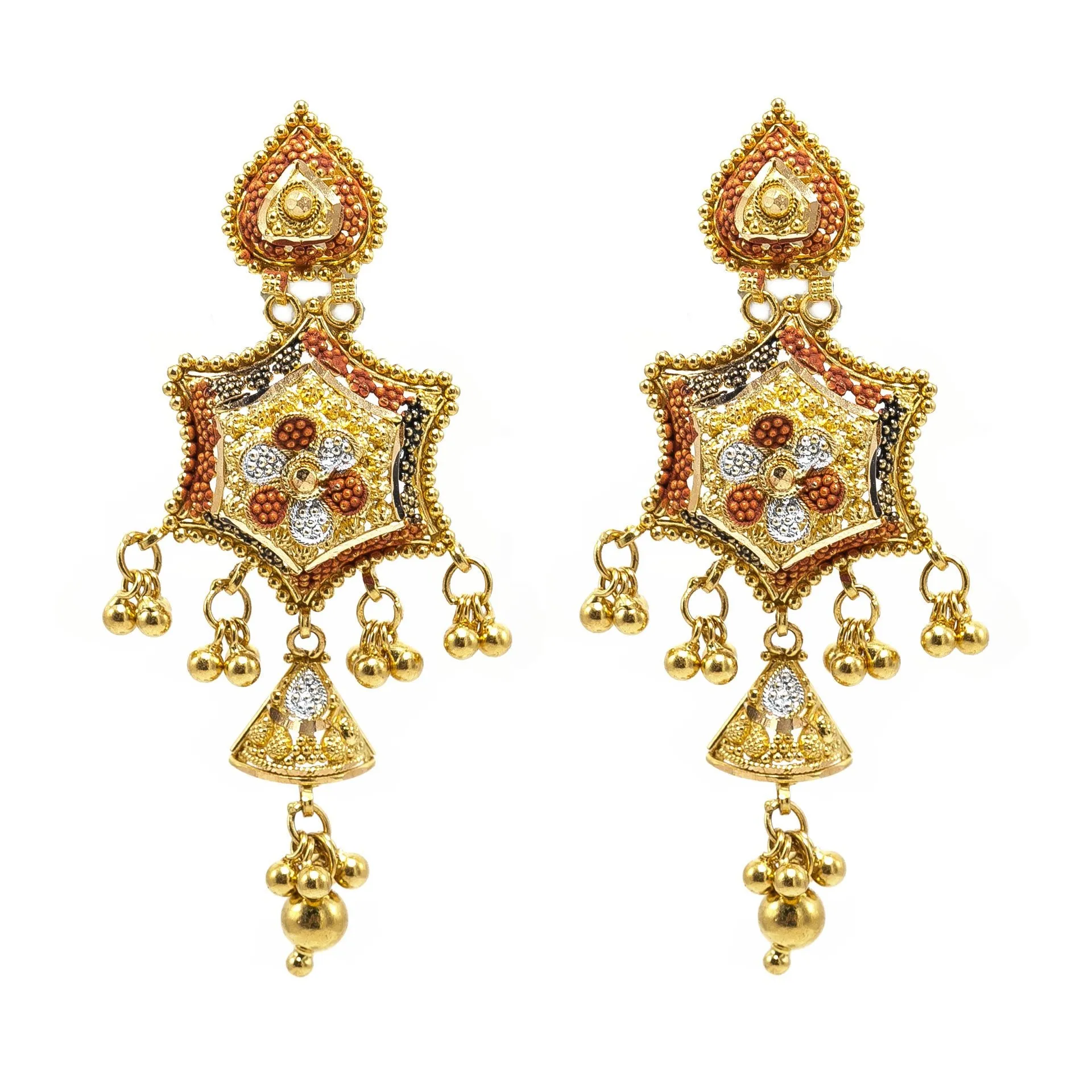 22K Multi Tone Gold Earrings W/ Meenakari Details & Beaded Filigree on Drop Web Pendants