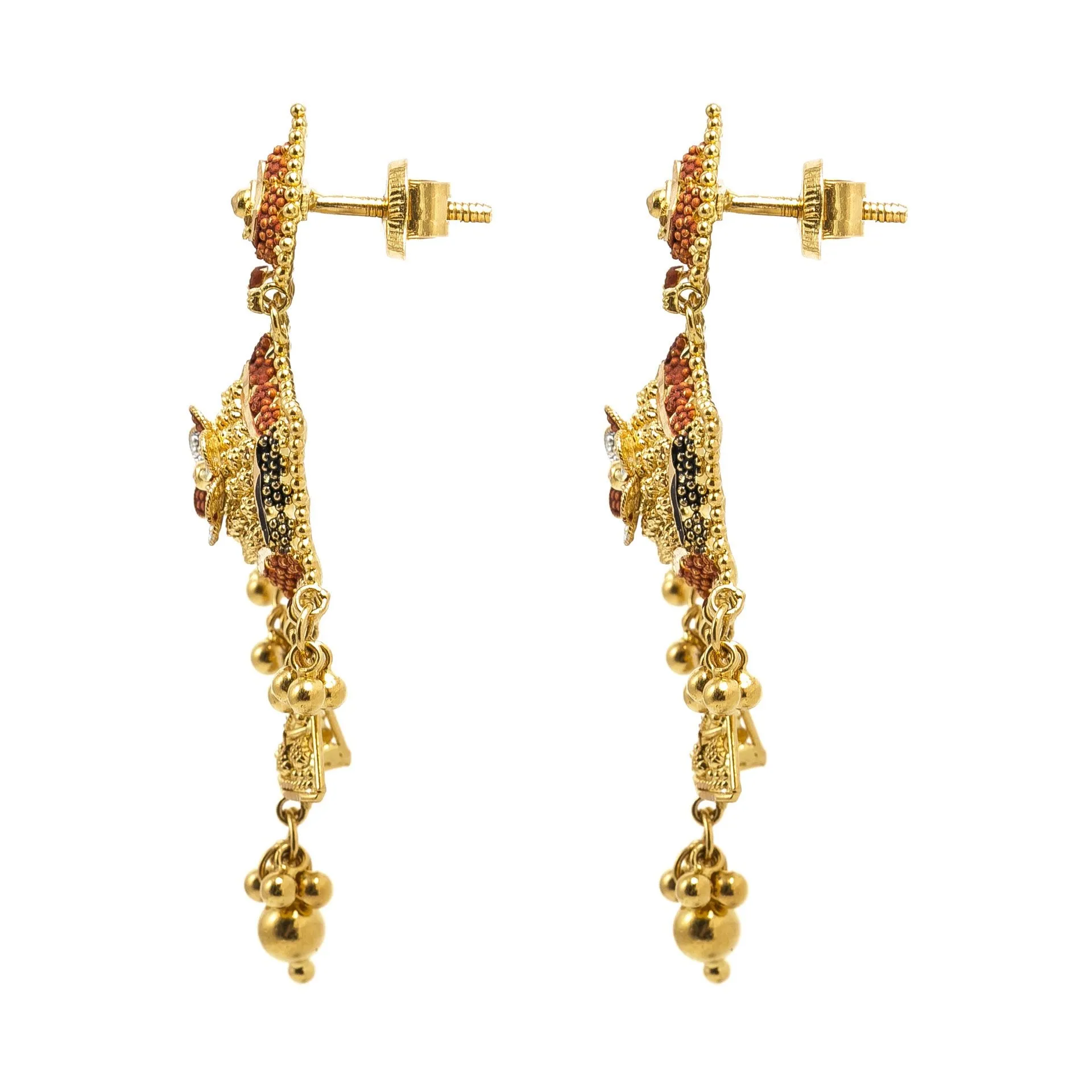 22K Multi Tone Gold Earrings W/ Meenakari Details & Beaded Filigree on Drop Web Pendants