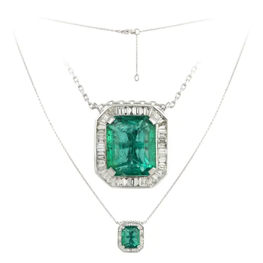 5.77ct Emerald Diamond 18K Gold Baguette Cut Halo Necklace