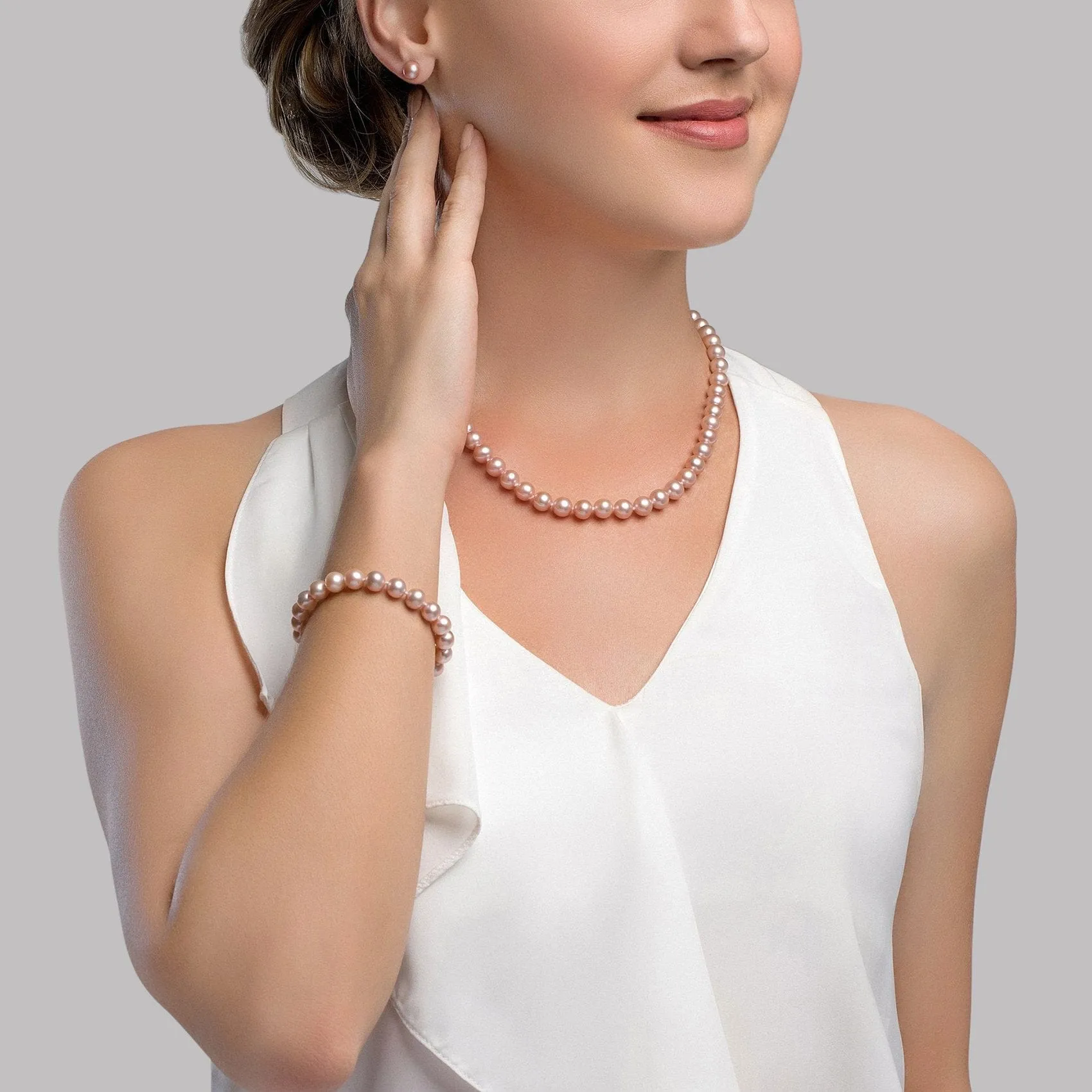 6.5-7.0mm Pink Freshwater Pearl Necklace, Bracelet & Earrings