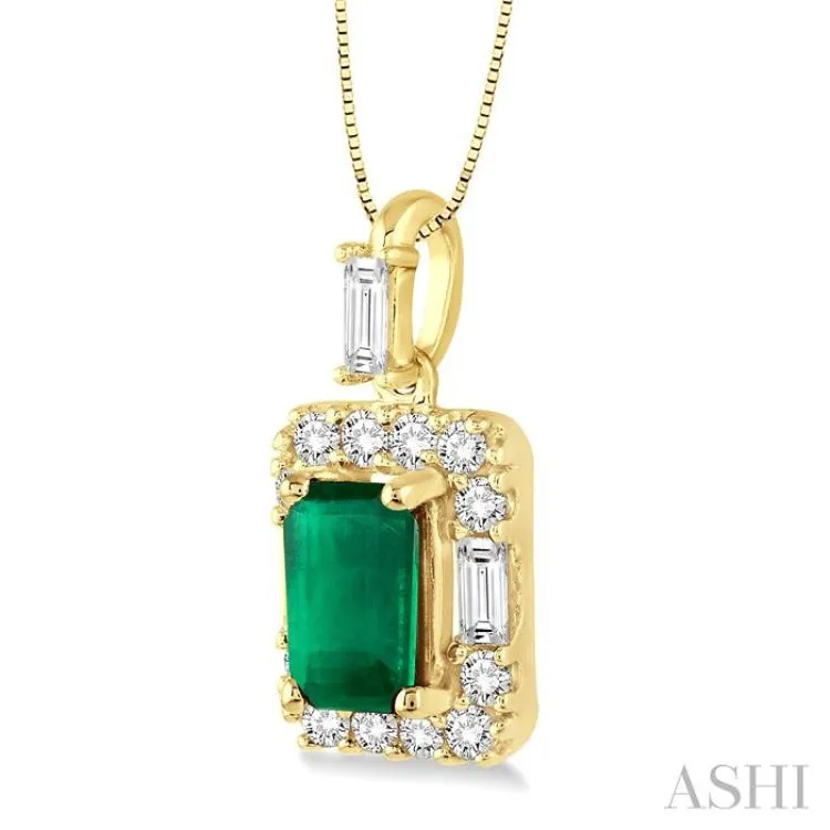 6x4 MM Octagon Cut Emerald and 1/3 Ctw Round Cut Diamond Precious Pendant in 14K Yellow Gold with Chain