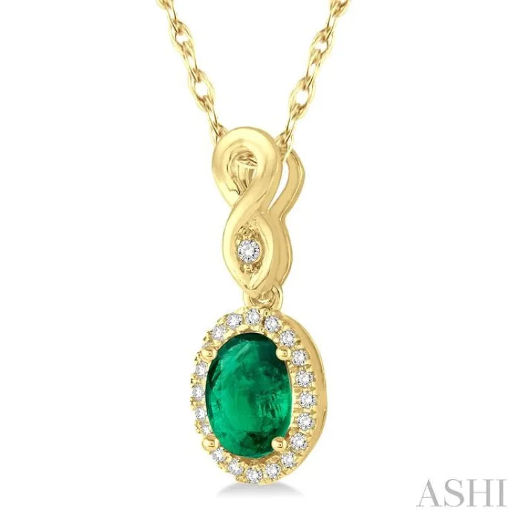 6x4 MM Oval Cut Emerald and 1/10 Ctw Round Cut Diamond Pendant in 10K Yellow Gold with Chain