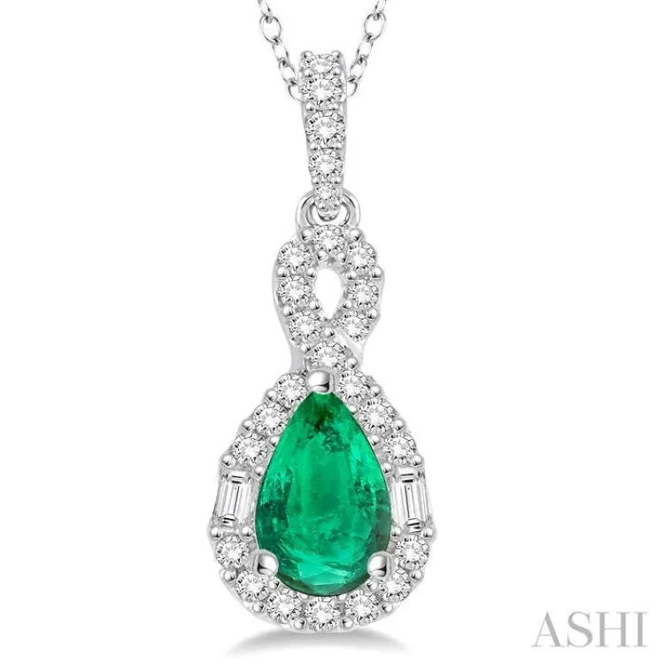 7x5 MM Pear Shape Emerald and 1/3 Ctw Diamond Pendant in 14K White Gold with Chain