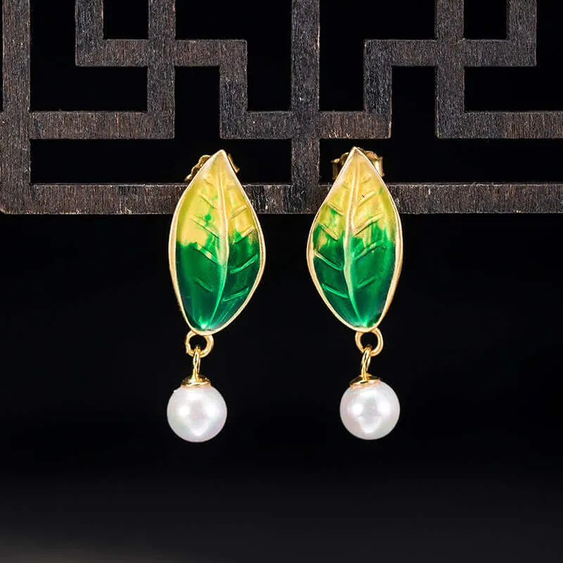 925 Silver Yellow Green Gradient Leaf Pearl Earrings