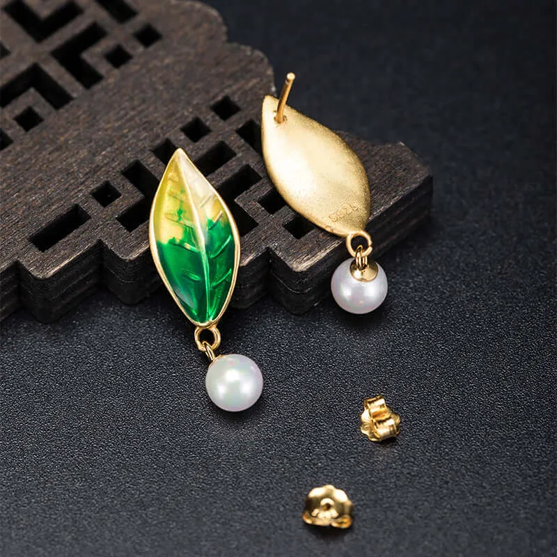 925 Silver Yellow Green Gradient Leaf Pearl Earrings