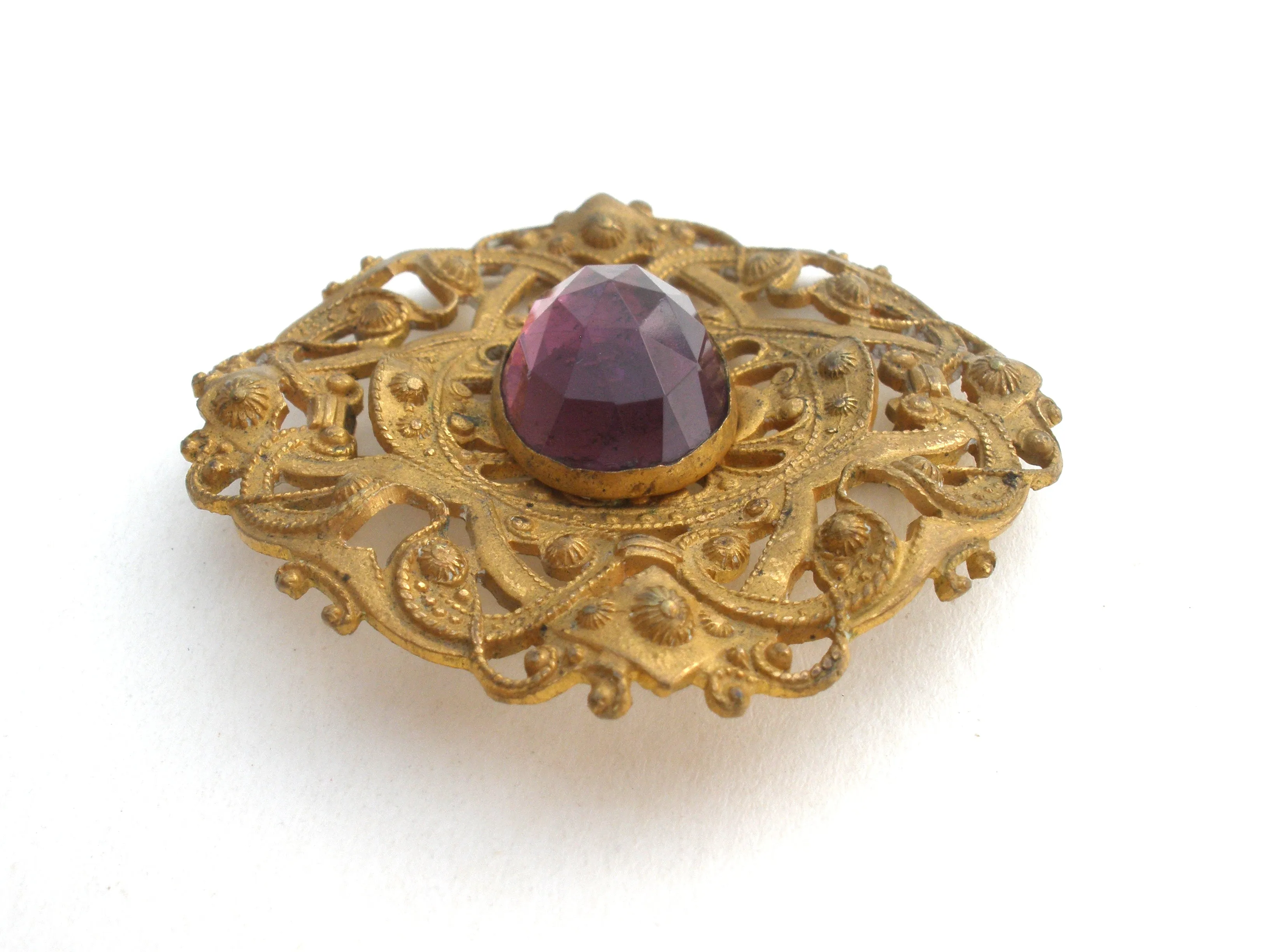 Antique Brass Brooch With Purple Rhinestone