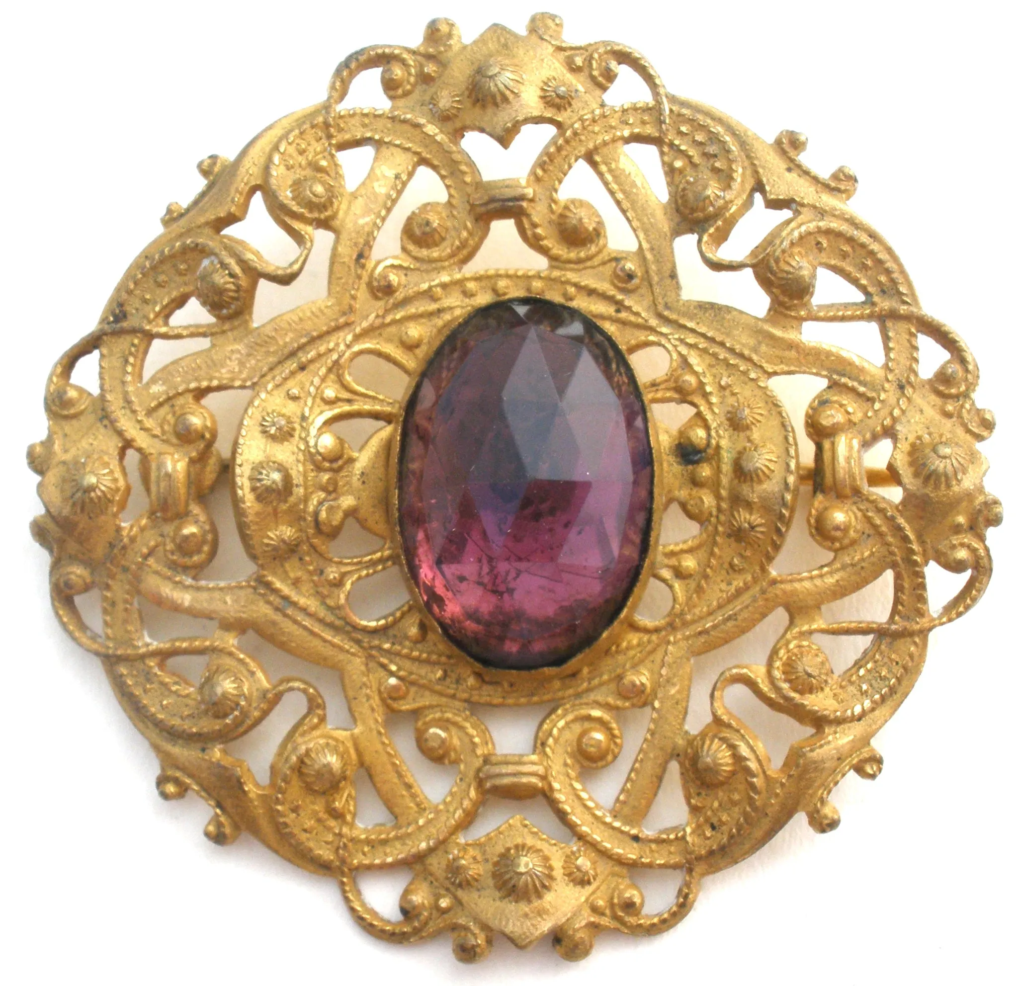 Antique Brass Brooch With Purple Rhinestone