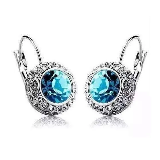 Aqua Blue on White Gold Bezel Set IOBI Crystals earrings For Woman