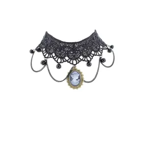 Black Lace Choker with Cameo Pendant & Beads