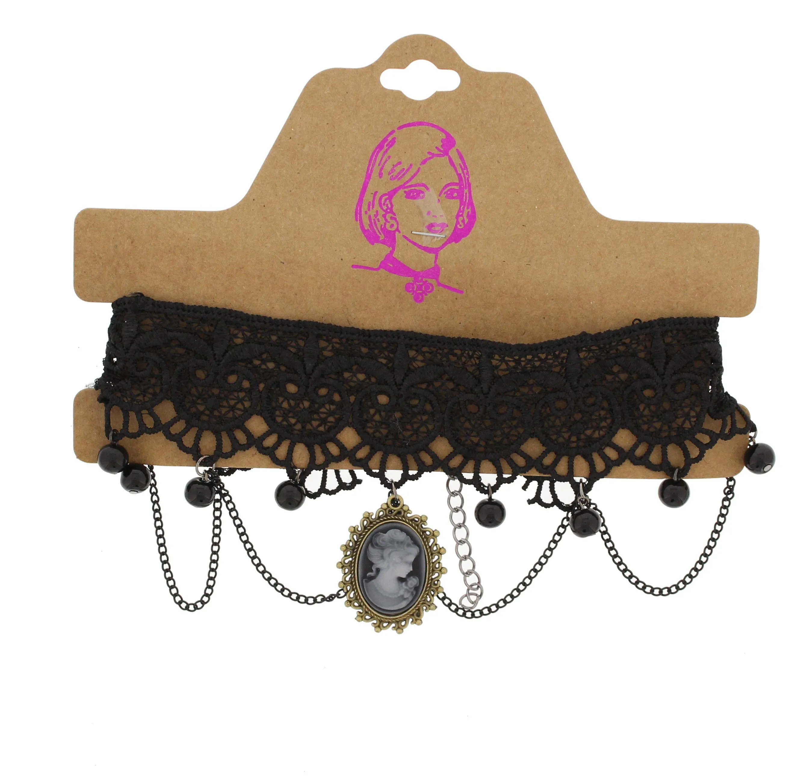 Black Lace Choker with Cameo Pendant & Beads