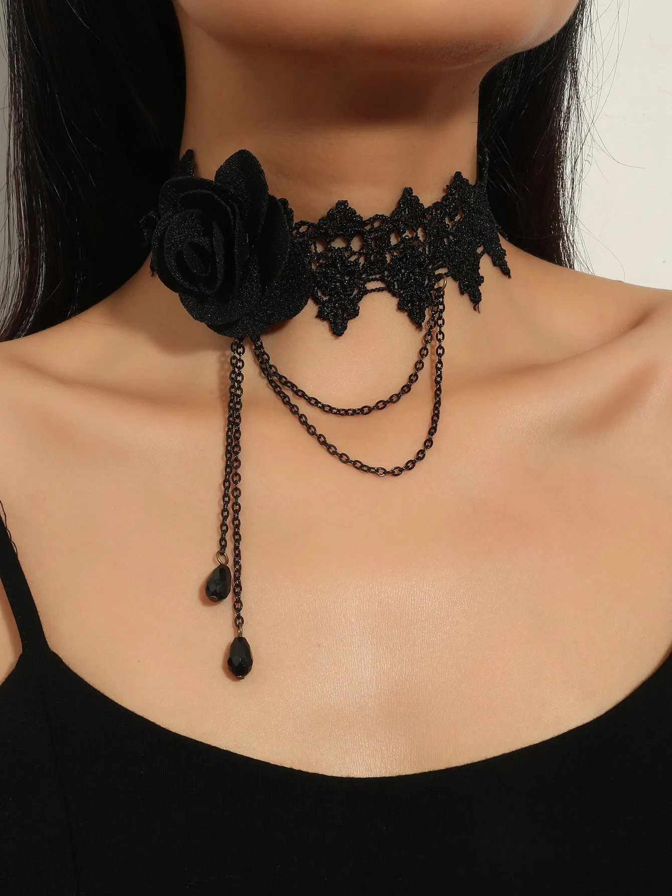 Black Lace Rose Chain Decor Choker Necklace for Women Jewelry for Women Necklace