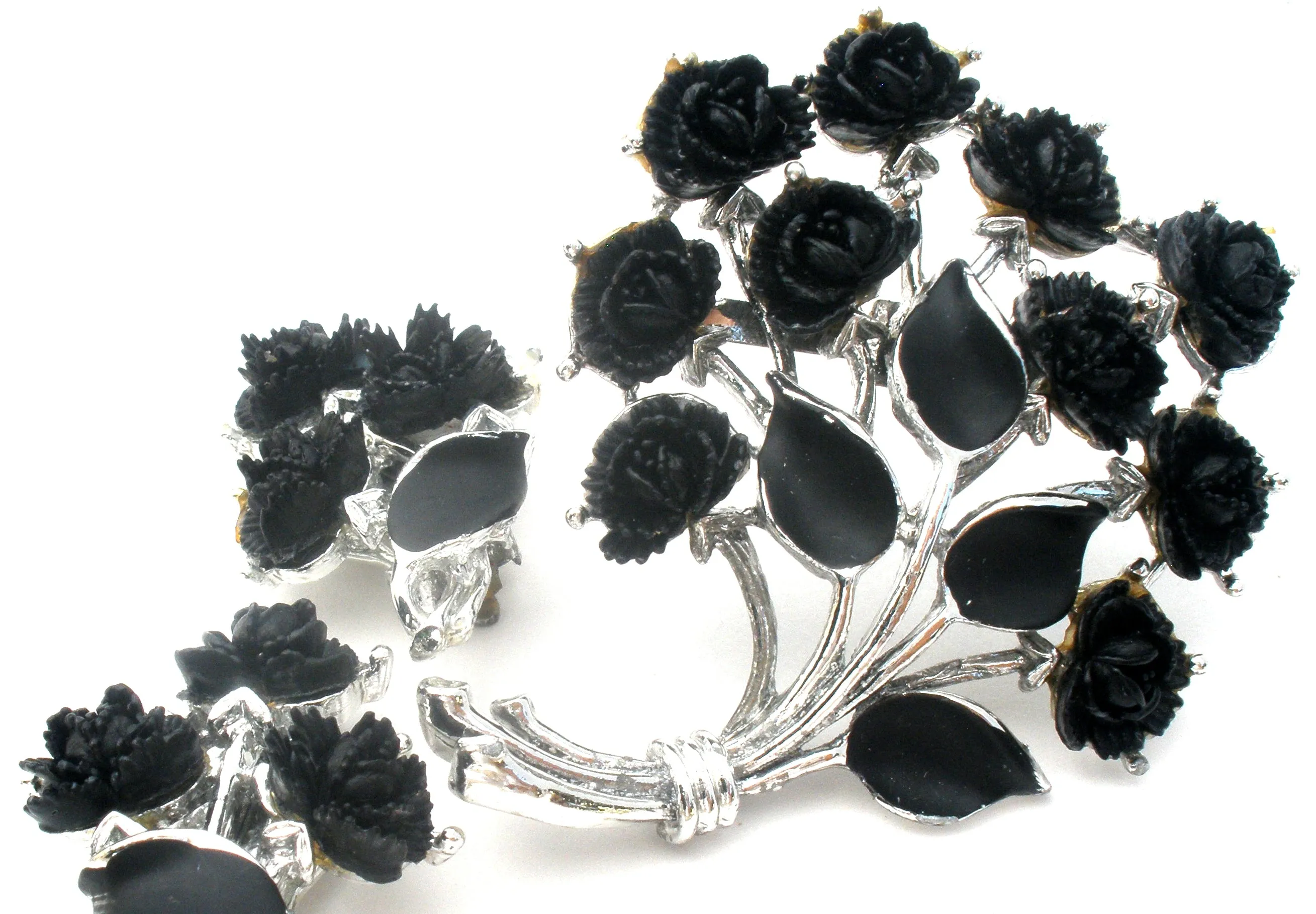 Black Thermoset Rose Brooch & Earrings Set J.J. Vintage