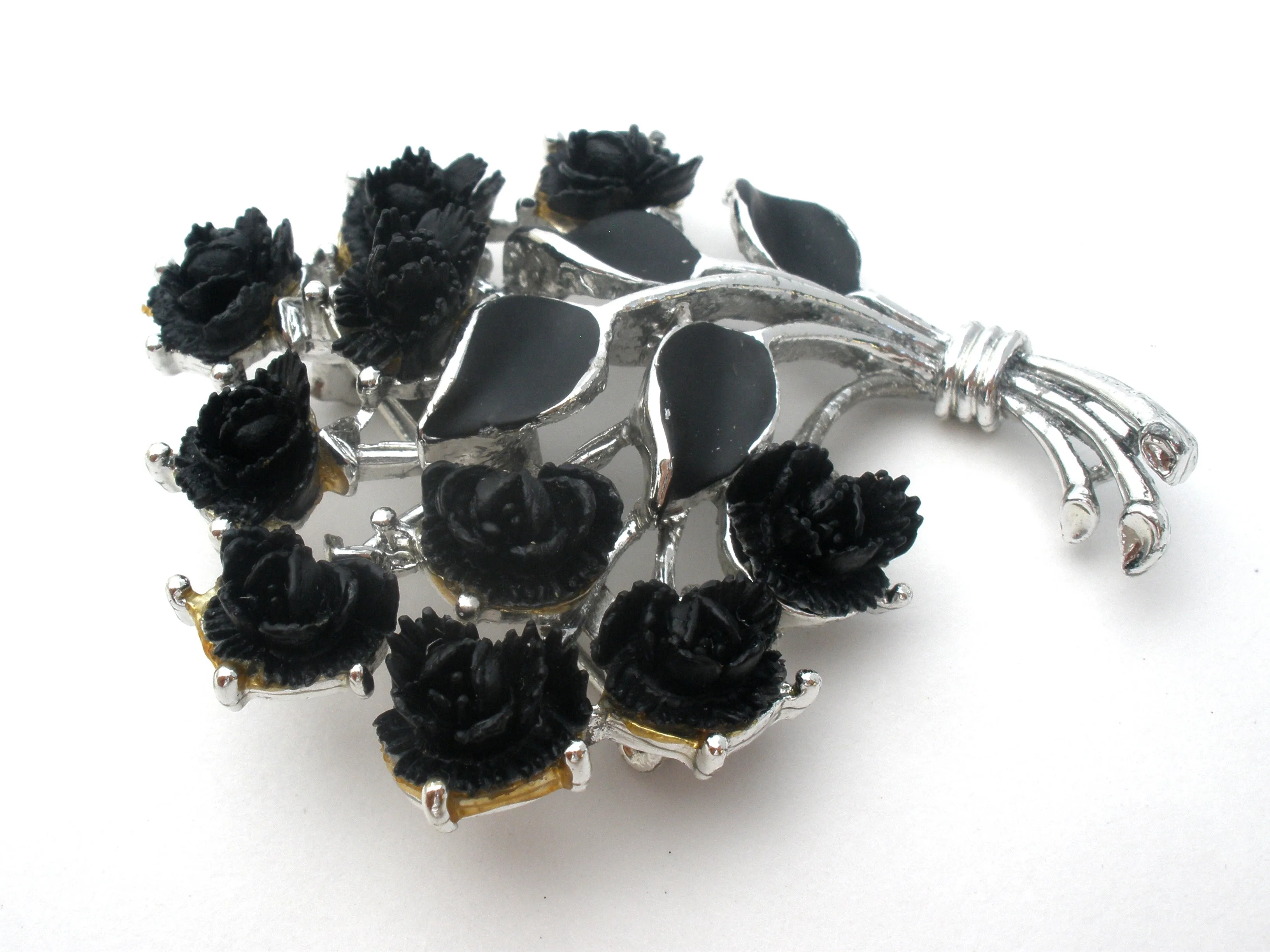 Black Thermoset Rose Brooch & Earrings Set J.J. Vintage