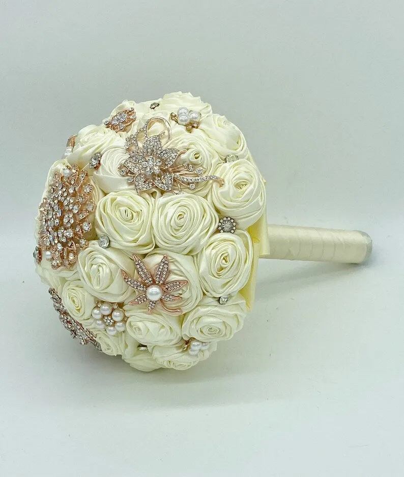 BM-013 ~ Gold & Ivory Satin Roses Budget Brooch Bouquet or DIY KIT