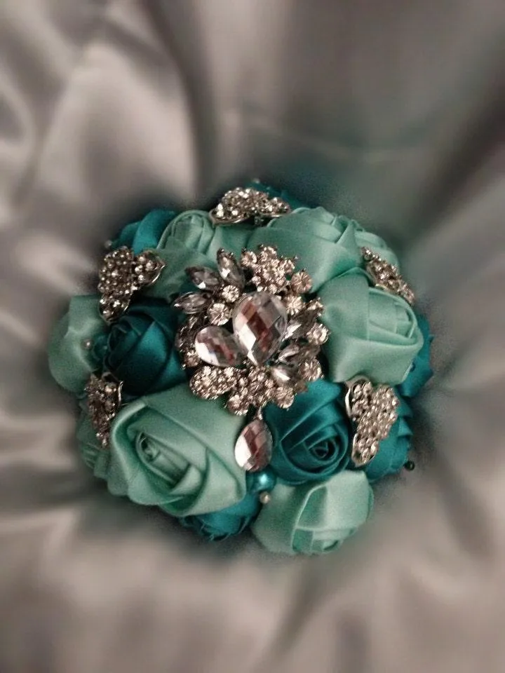 Bridesmaid Satin rose & crystal brooch bouquet by Crystal wedding uk