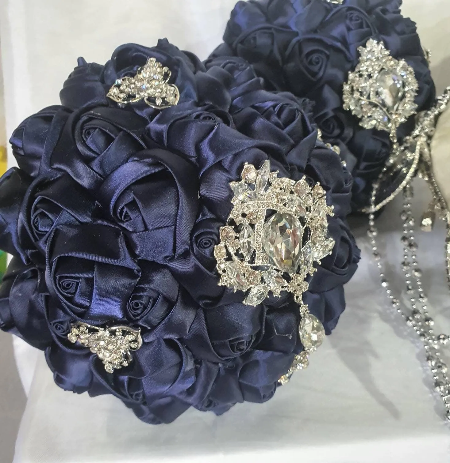 BROOCH BOUQUET brooch bouquet navy fabric flower Alternative jewel wedding bouquet. - Silver, rose gold or Gold tone by Crystal wedding uk