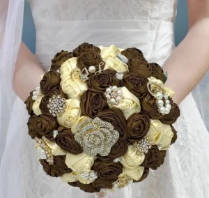 BROWNIE ~ Brown Dark Ivory Deluxe Satin Roses Brooch Bouquet or DIY KIT