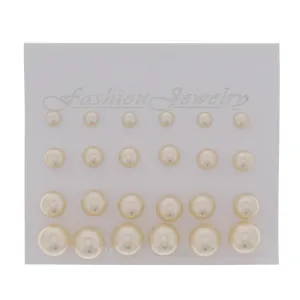 Card of 12 Pairs Assorted Size Cream Pearl Stud Earrings