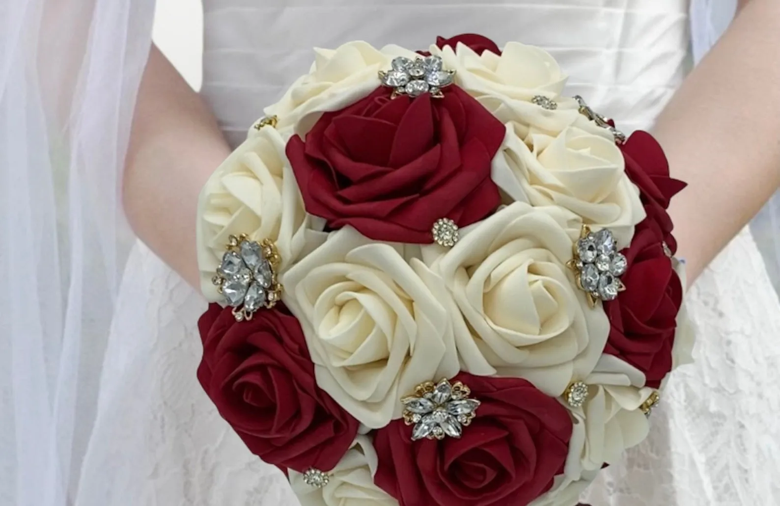 CB-099 ~  Made to Order Dark Red & Ivory Real Touch Rose Brooch Bouquet or DIY KIT