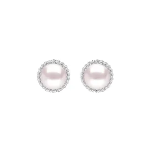 Classic Pearl: Silver rhodium plated 6 mm freshwater pearl with CZ halo stud earrings