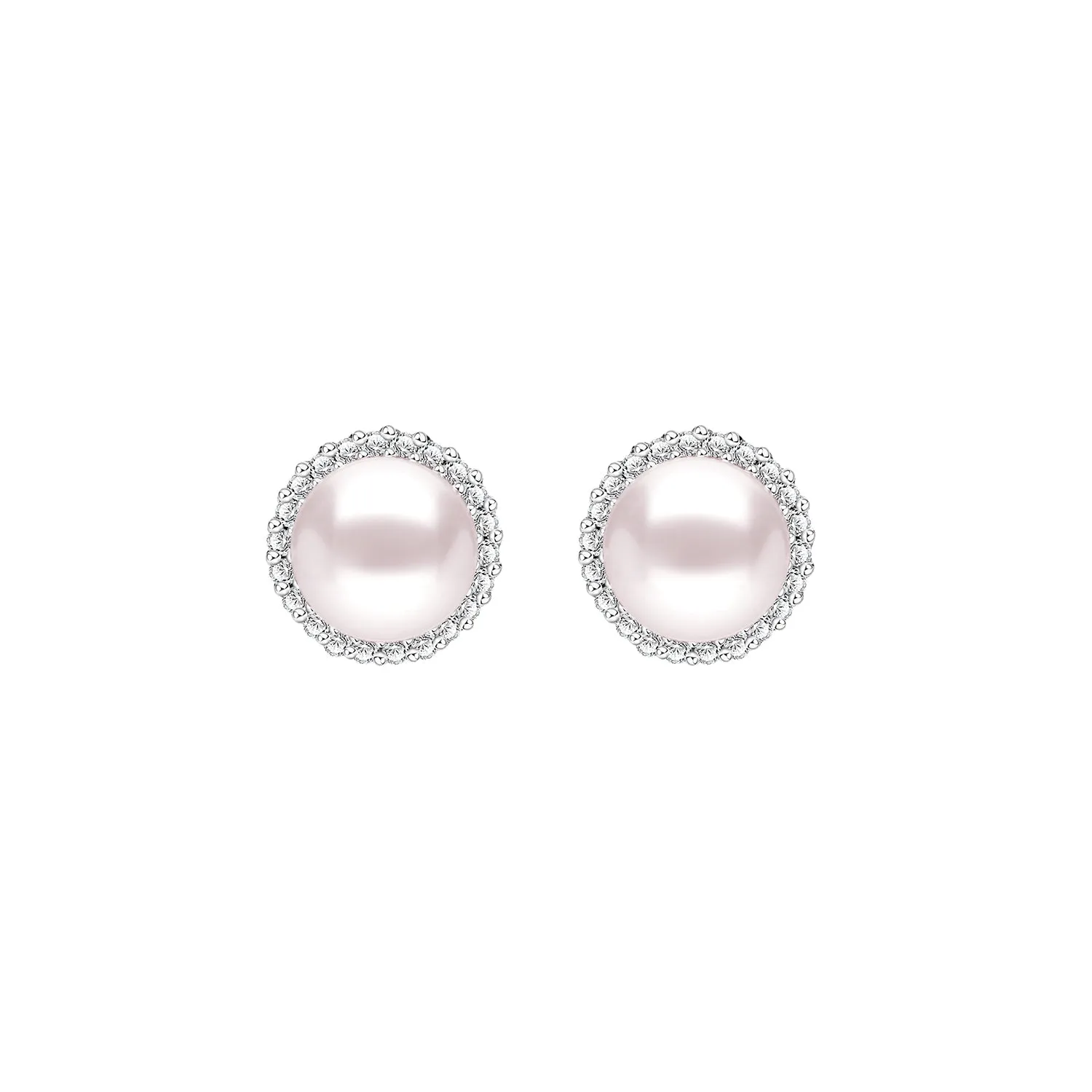 Classic Pearl: Silver rhodium plated 6 mm freshwater pearl with CZ halo stud earrings