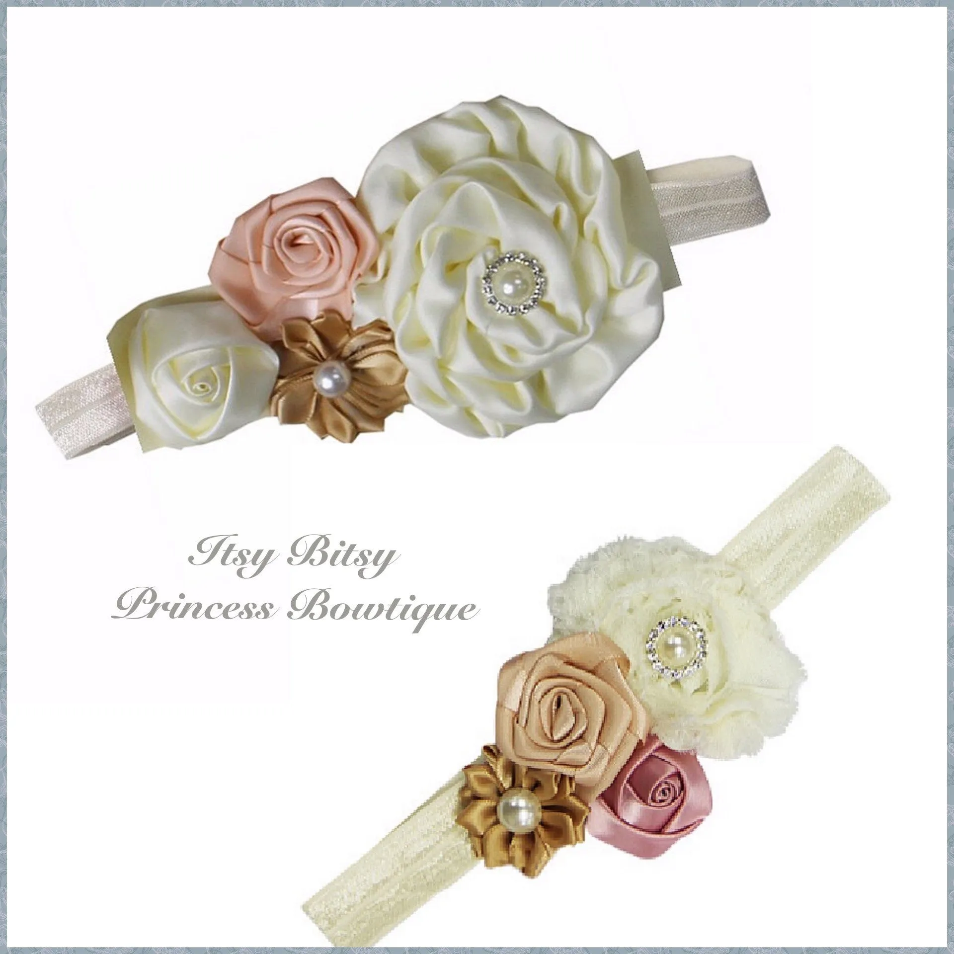 Cream, Beige and Tea Rose Rosettes Headbands