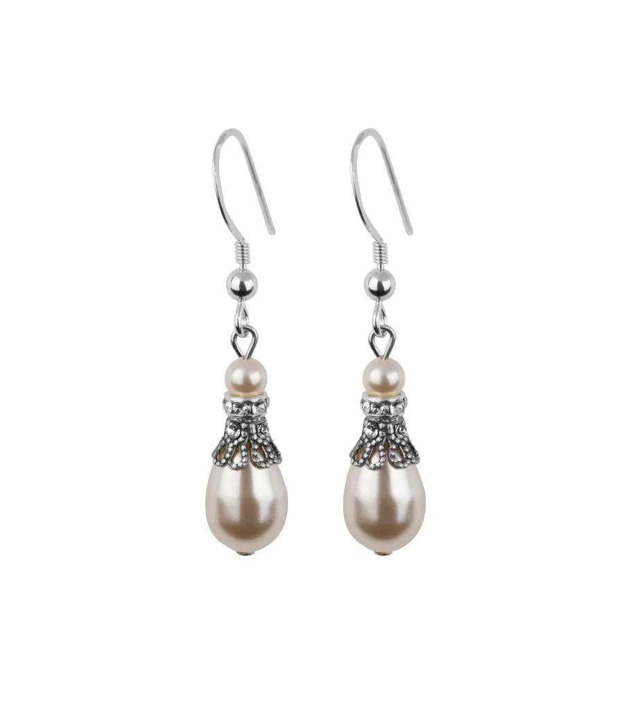 Crystal Filigree And Pearl Fish Hook Earrings