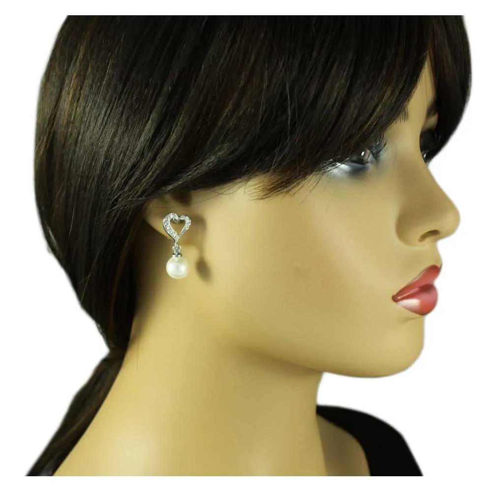 Crystal Heart with White Dangling Pearl Ball Pierced Earring - REC812A