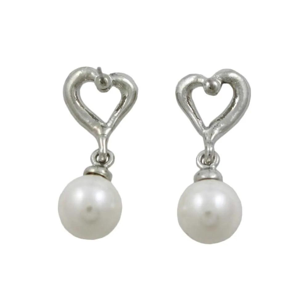 Crystal Heart with White Dangling Pearl Ball Pierced Earring - REC812A