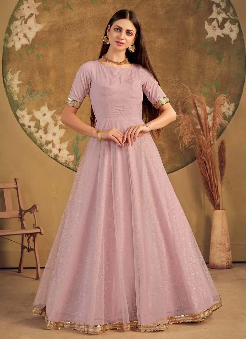 Dashing Look Half Sleeves Soft Net Fabric Dusty Pink Color Fancy Work Gown