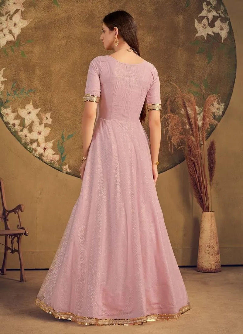 Dashing Look Half Sleeves Soft Net Fabric Dusty Pink Color Fancy Work Gown