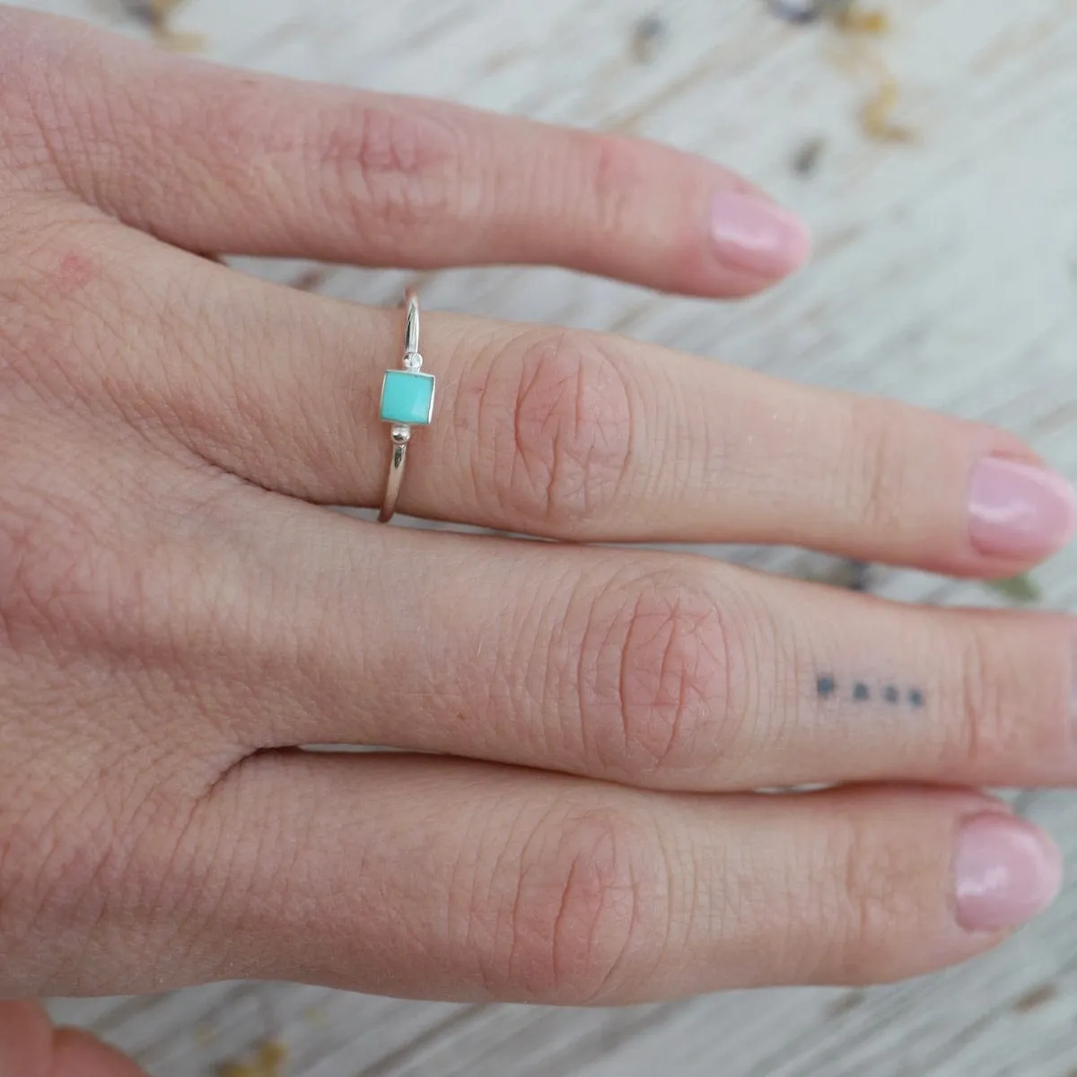 Delicate Compressed Turquoise Square Silver Ring