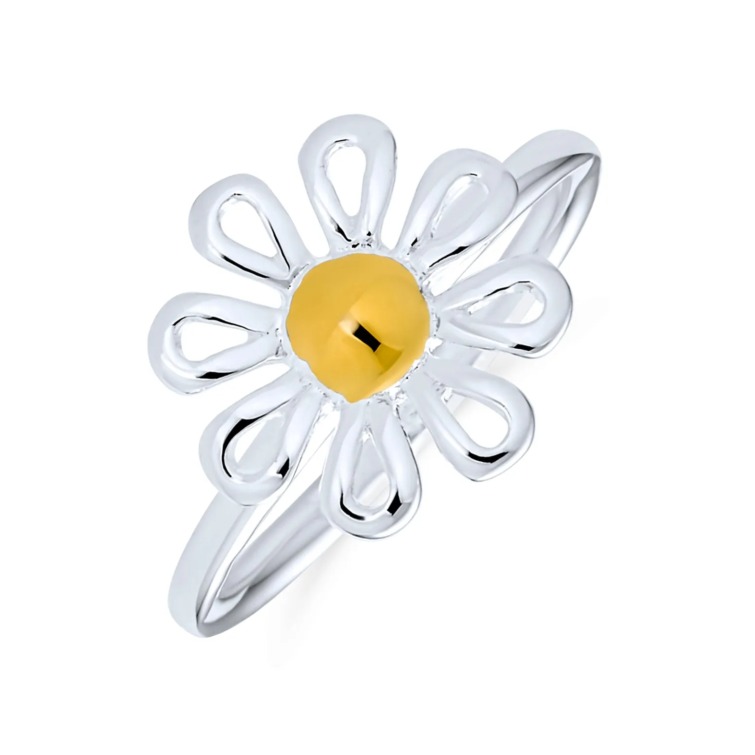 Delicate Two Tone Flower Silver Ring Thin Band 14K Gold Plated Sterling Silver