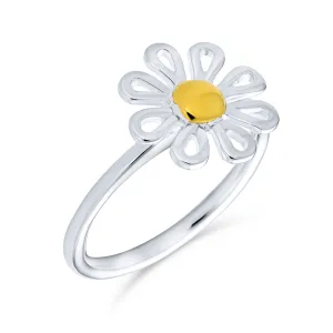 Delicate Two Tone Flower Silver Ring Thin Band 14K Gold Plated Sterling Silver